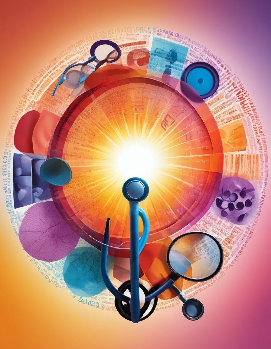 A vibrant collage showcasing elements of oncology news: an abstract representation of cancer cells, a stethoscope, and news headlines superimposed on a gradient background symbolizing hope. Include silhouettes of diverse cancer survivors uniting, with a bright sun radiating hope above them. Emphasize a sense of community and support through soft, warm colors. modern art. vibrant colors. 3D.
